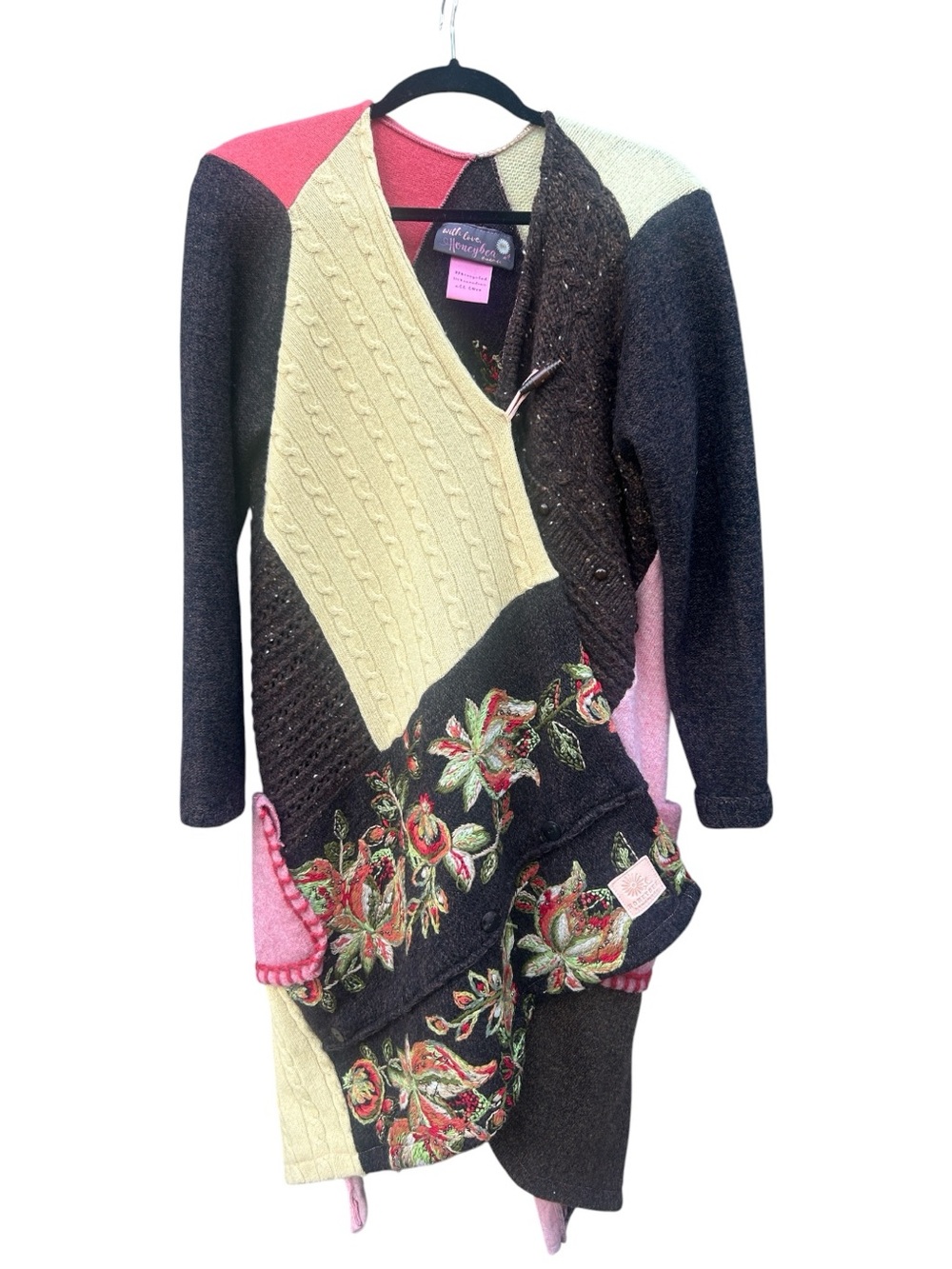 Honeybea Handmade Artisan Patchwork Embroidery Knit Cardigan Coatigan One Zoe